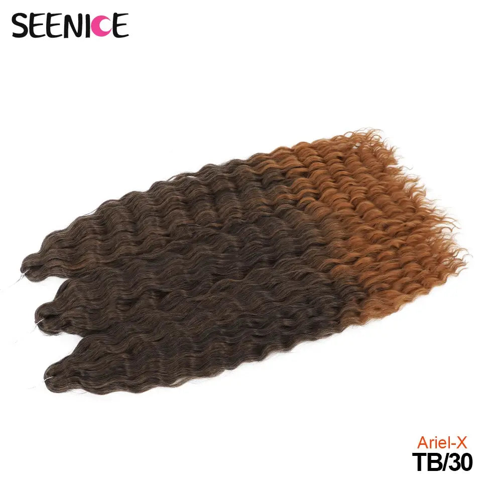 Ariel Curl crochet hair extensions, water-wave twists in ombre blonde to brunette, 3-bundle set; SEENICE logo visible