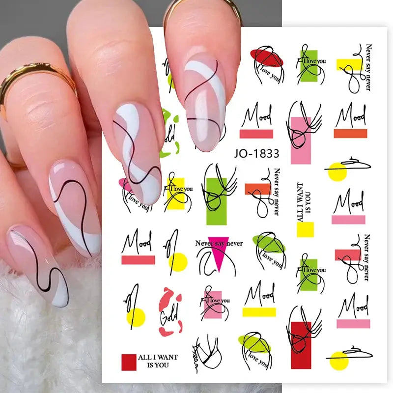 Nail art decals sheet by Simples Market with colorful geometric lines and flowers for Y2K nails