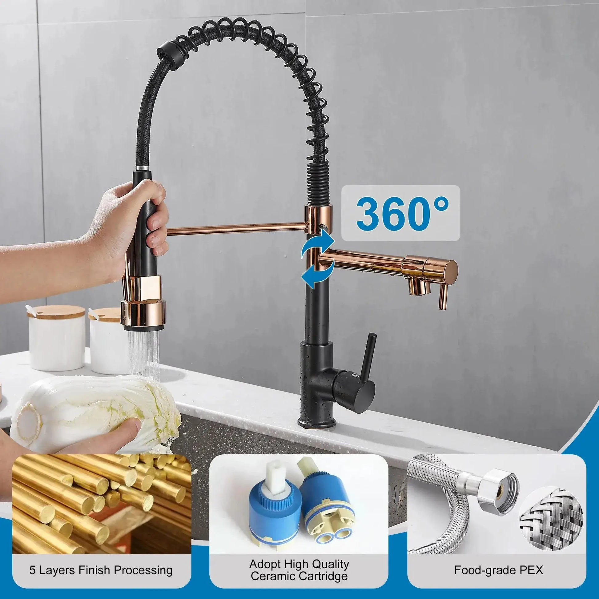 Simples Market kitchen faucet with pull-down sprayer, high-arc copper finish, single-handle