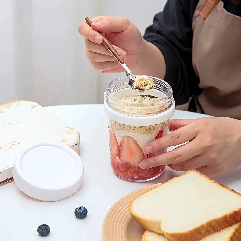 350ml Glass Overnight Oats Cup Portable With Lid And Integrated Spoon