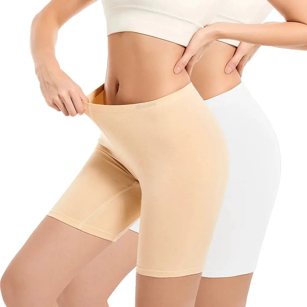 Molasus women's high-waisted biker shorts, beige and white, two pairs displayed