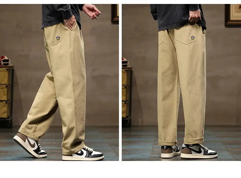 HIQOR men's beige cotton jogger pants with cargo pockets, loose wide-leg fit, Simples Market