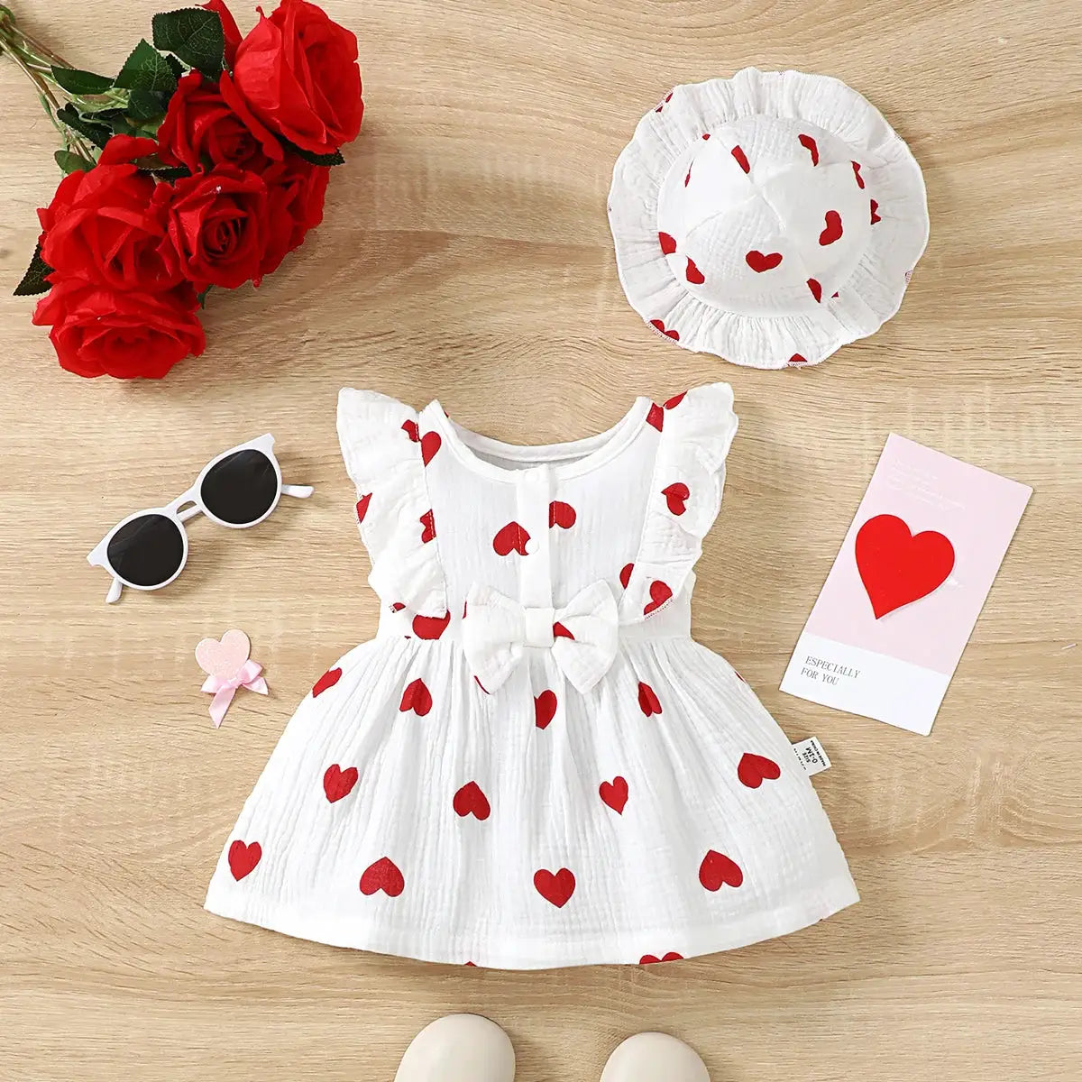 Two Piece Dress Set For Newborn Baby Girl With Love Print Sleeveless Dress And Hat Summer Fashion 0 To 9 Months
