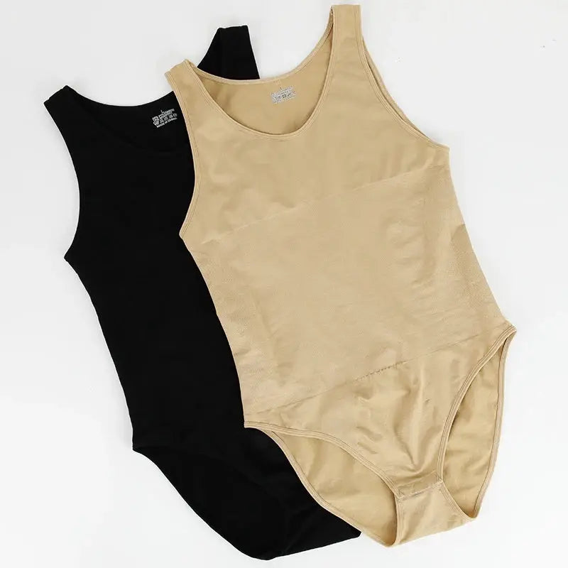Simples Market men's shapewear bodysuits, beige and black, sleeveless full-body shapers with open crotch (2-pack)