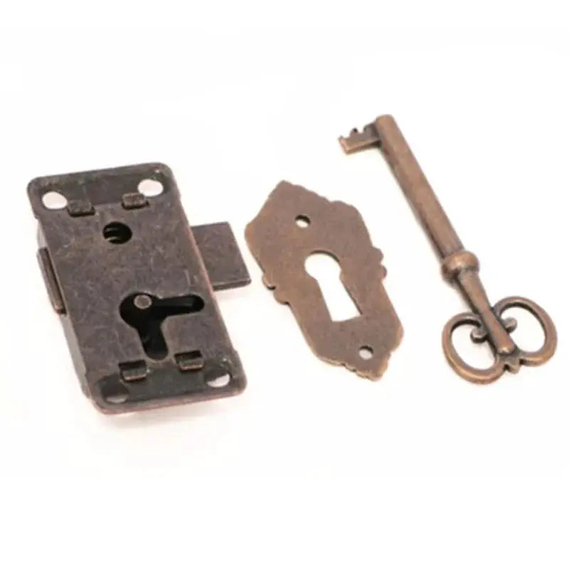 3-piece antique metal cabinet door lock set with key and strike plate