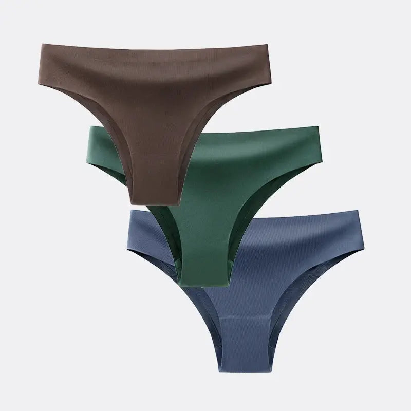 BANNIROU 3-pack seamless T-back panties in brown, green, and blue ice-silk fabric