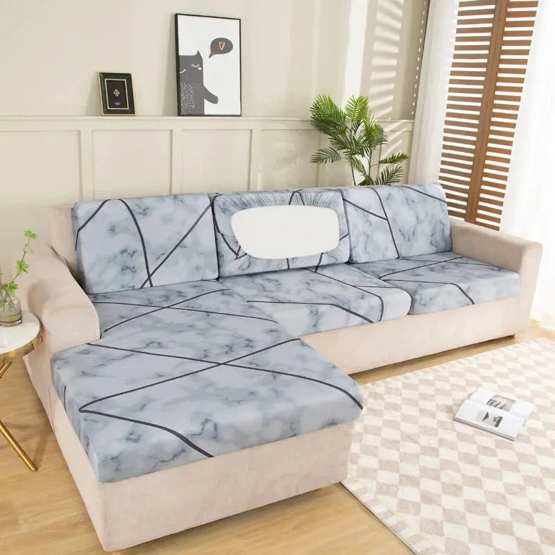 Corner sofa slipcover with geometric marble pattern in light blue-gray, elastic stretch couch protector for pets