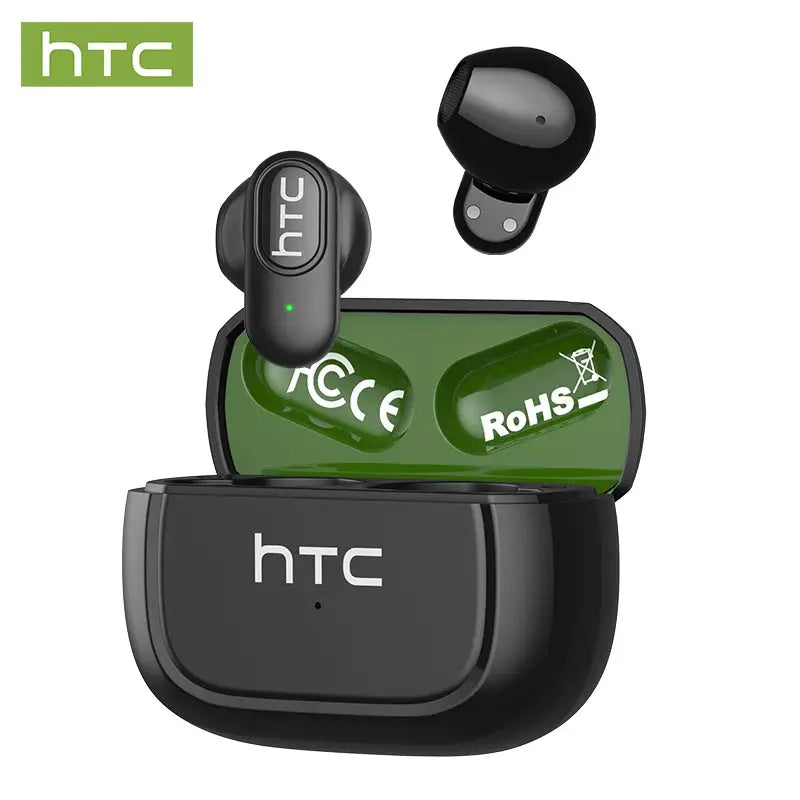 HTC NE51 true wireless earphones in black with green charging case, compact TWS earbuds.
