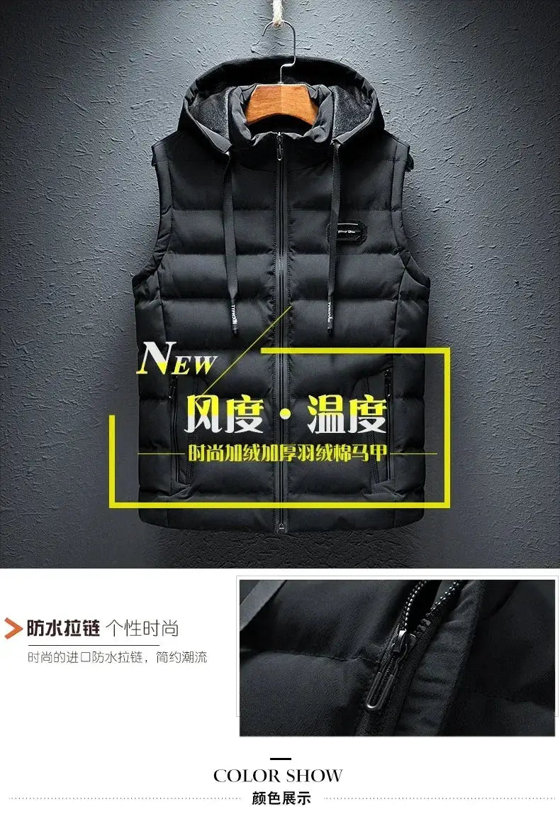 Simples Market men's sleeveless hooded black cotton-padded vest with zipper, plus size 6XL.