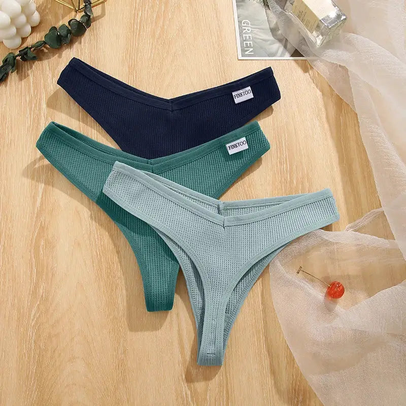 4-pack waffle cotton thong underwear set with V-waist in navy, green, teal, and pale blue; Finetoo labels