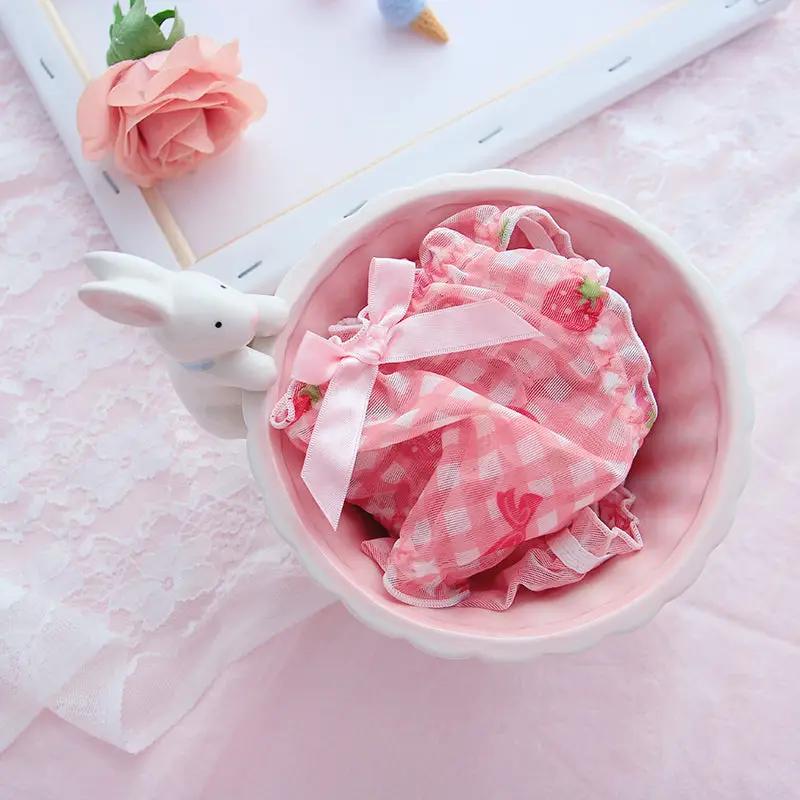 Pink strawberry-patterned mesh panties with bow, Simples Market lingerie.
