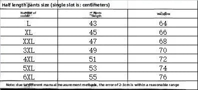 Waffle shorts men's size chart by Simples Market; lengths 43-53 cm, waists 64-74 cm across L-5XL