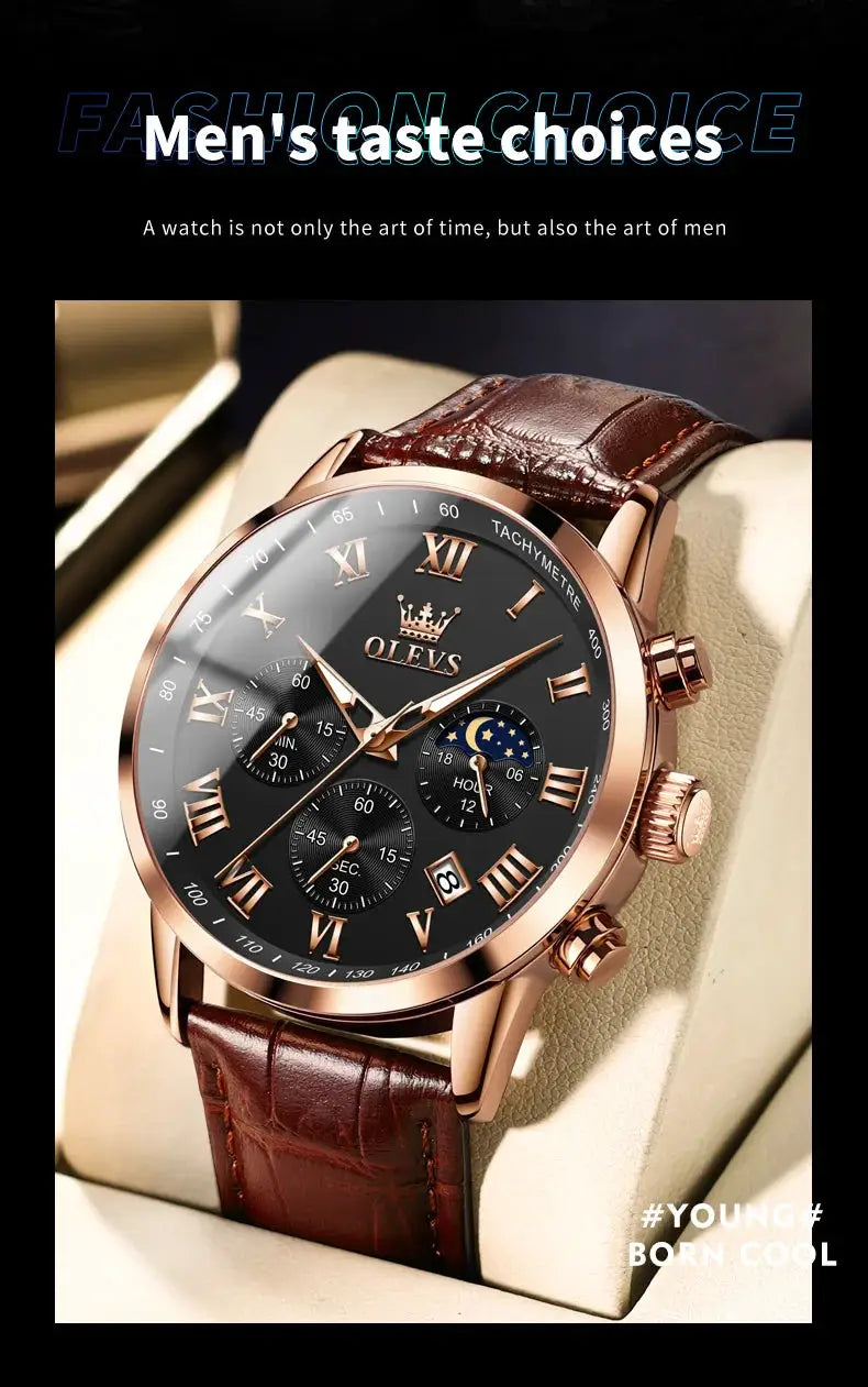 OLEVS men's watch with rose-gold case, black dial, Roman numerals, moon phase subdial, brown leather strap.