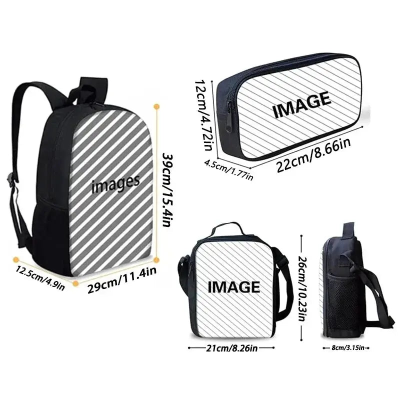 Child school backpack set by Simples Market with striped lunch bag and pencil bag