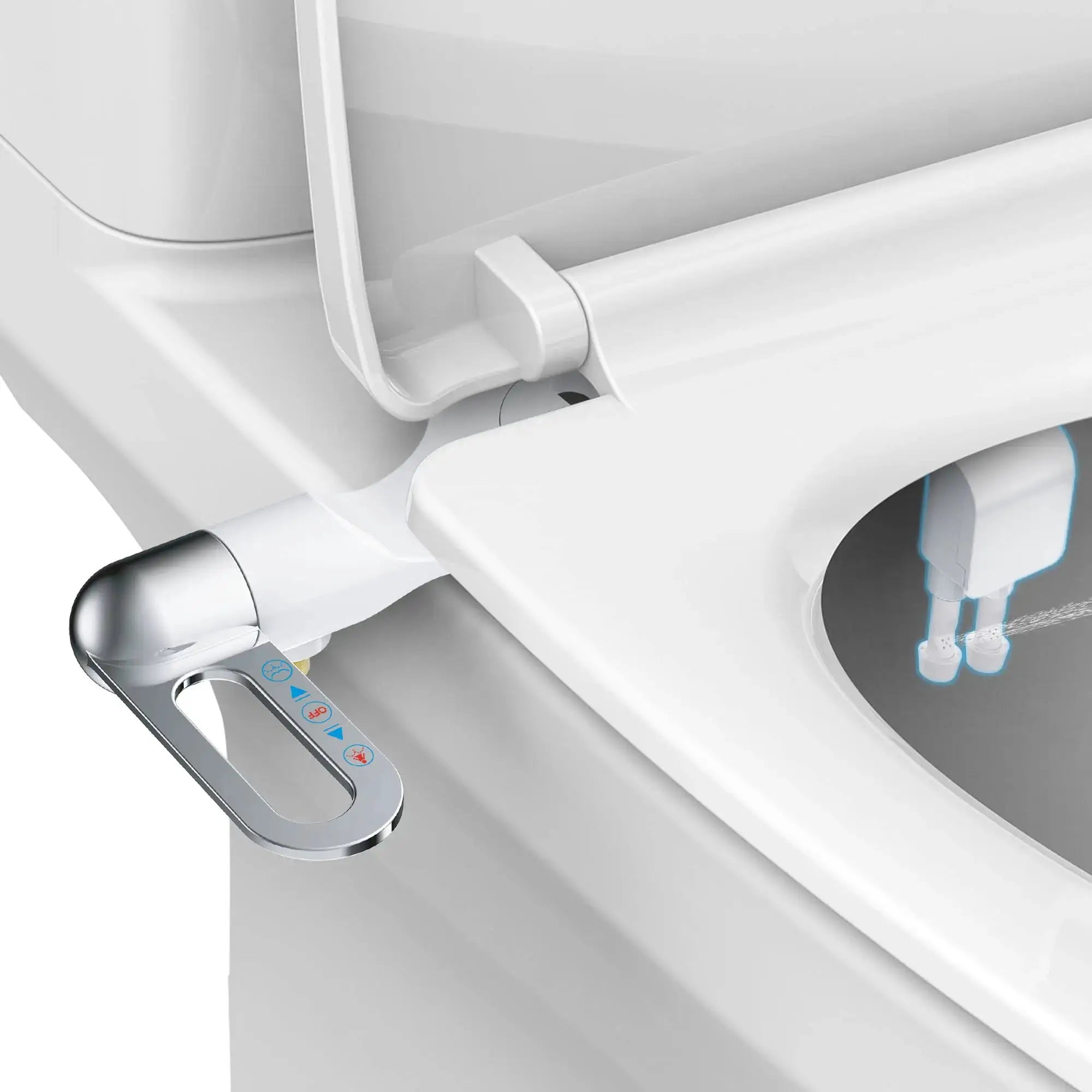 Bidet toilet seat attachment with dual nozzles, white plastic and blue accents; adjustable water pressure
