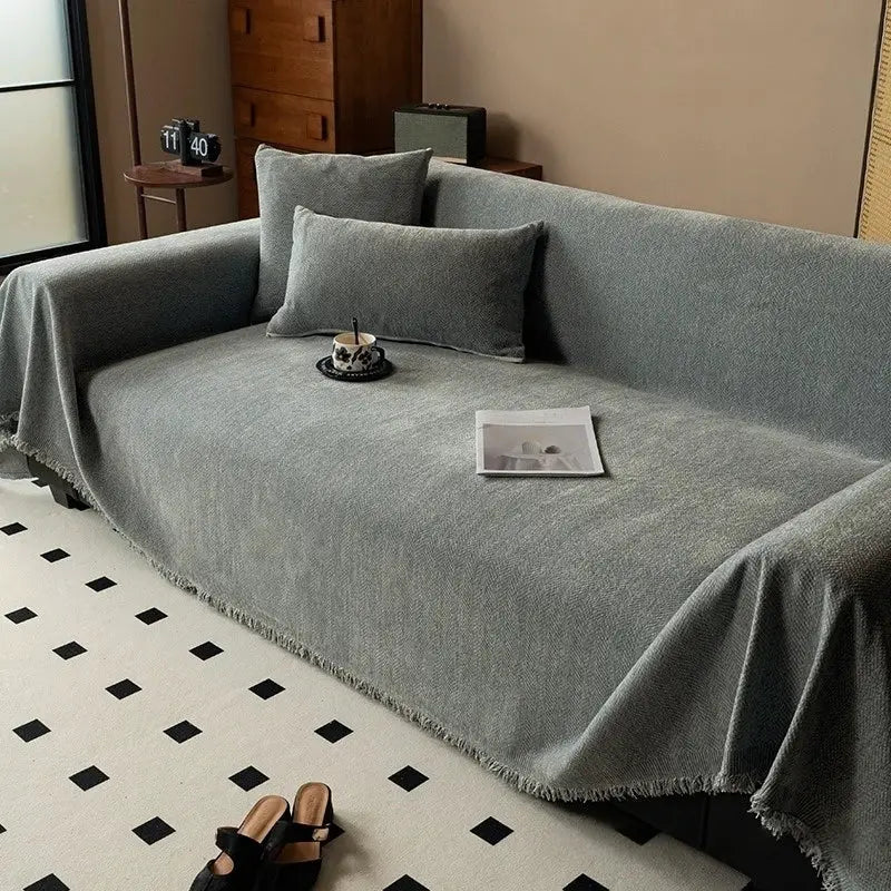 Sofa cover by Simples Market, gray chenille with tassel-edged fringe