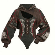 Simples Market Viking print women's hooded jumpsuit two-piece set in brown and gray with red piping