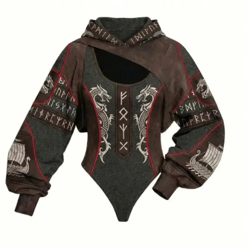 Simples Market Viking print women's hooded jumpsuit two-piece set in brown and gray with red piping