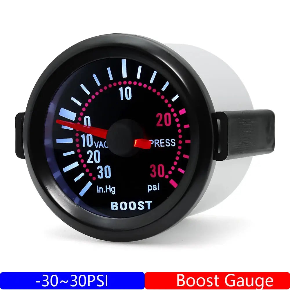 52mm boost gauge in black housing with red needle and blue/white scale for petrol 12V racing cars