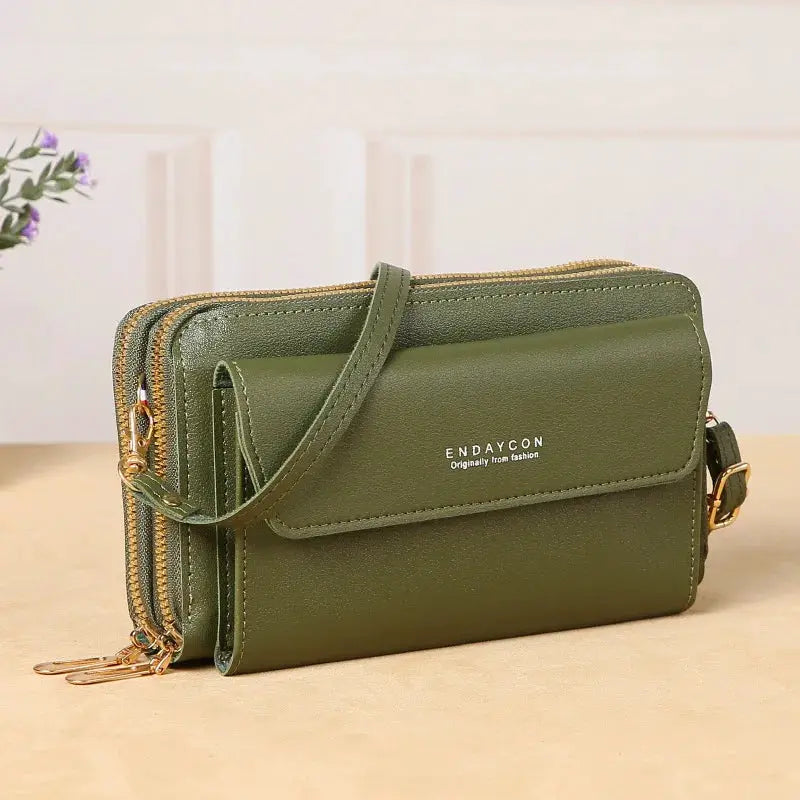 Green ENDAYCON crossbody bag with dual zippers and adjustable strap