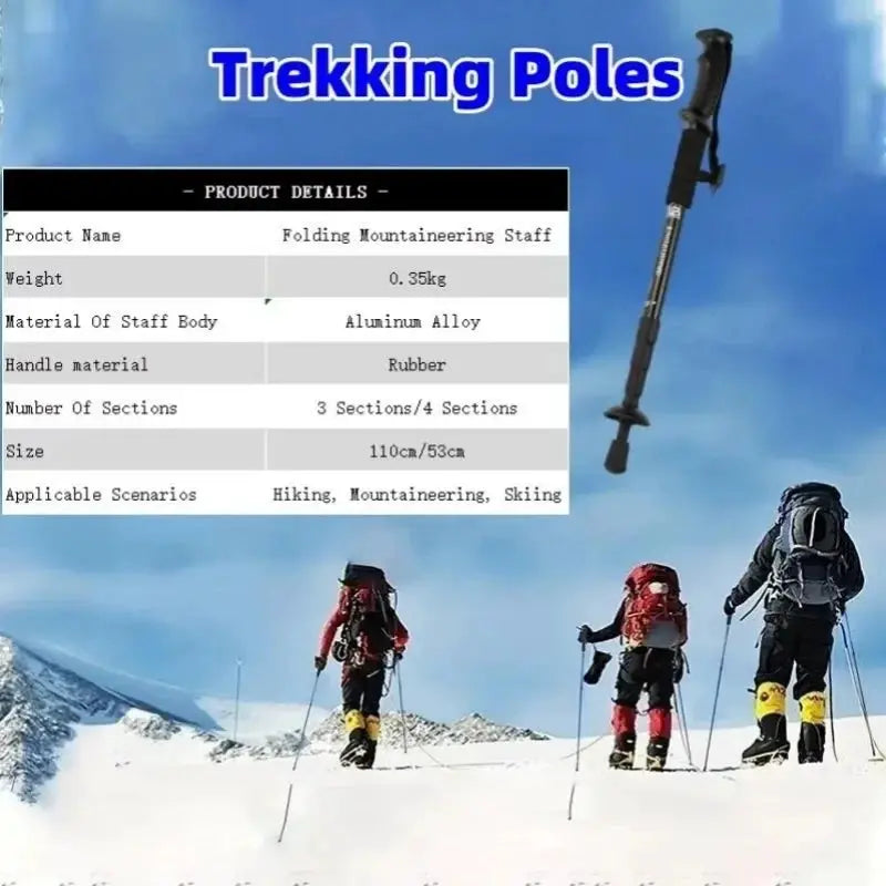 Simples Market Ultralight Trekking Poles; aluminum alloy, rubber grip, foldable 3–4 sections, extends to 110 cm.