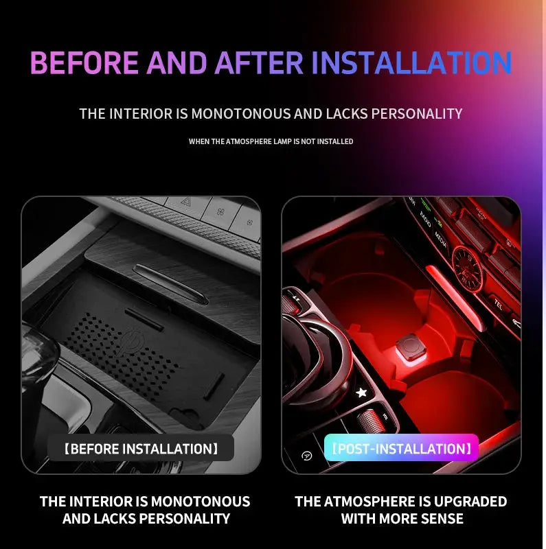 Car USB LED mood lamp interior ambient light strip; two panels show before/after installation.