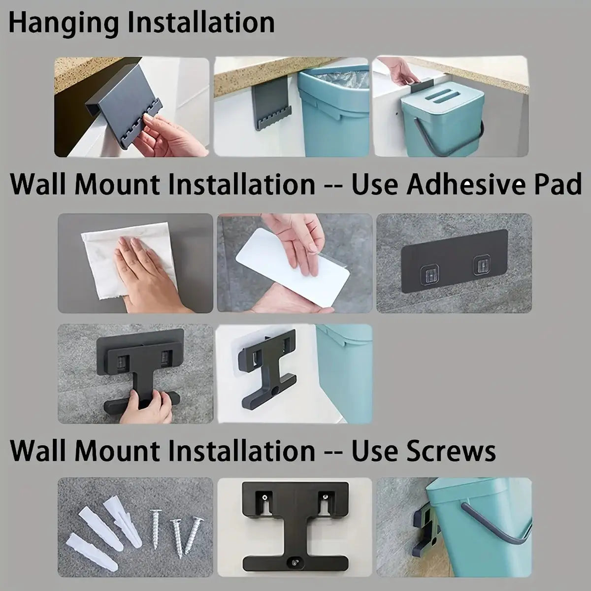 Space-Saving Quiet-Close Trash Can 3/5L, teal, wall-mountable with adhesive pad or screws.