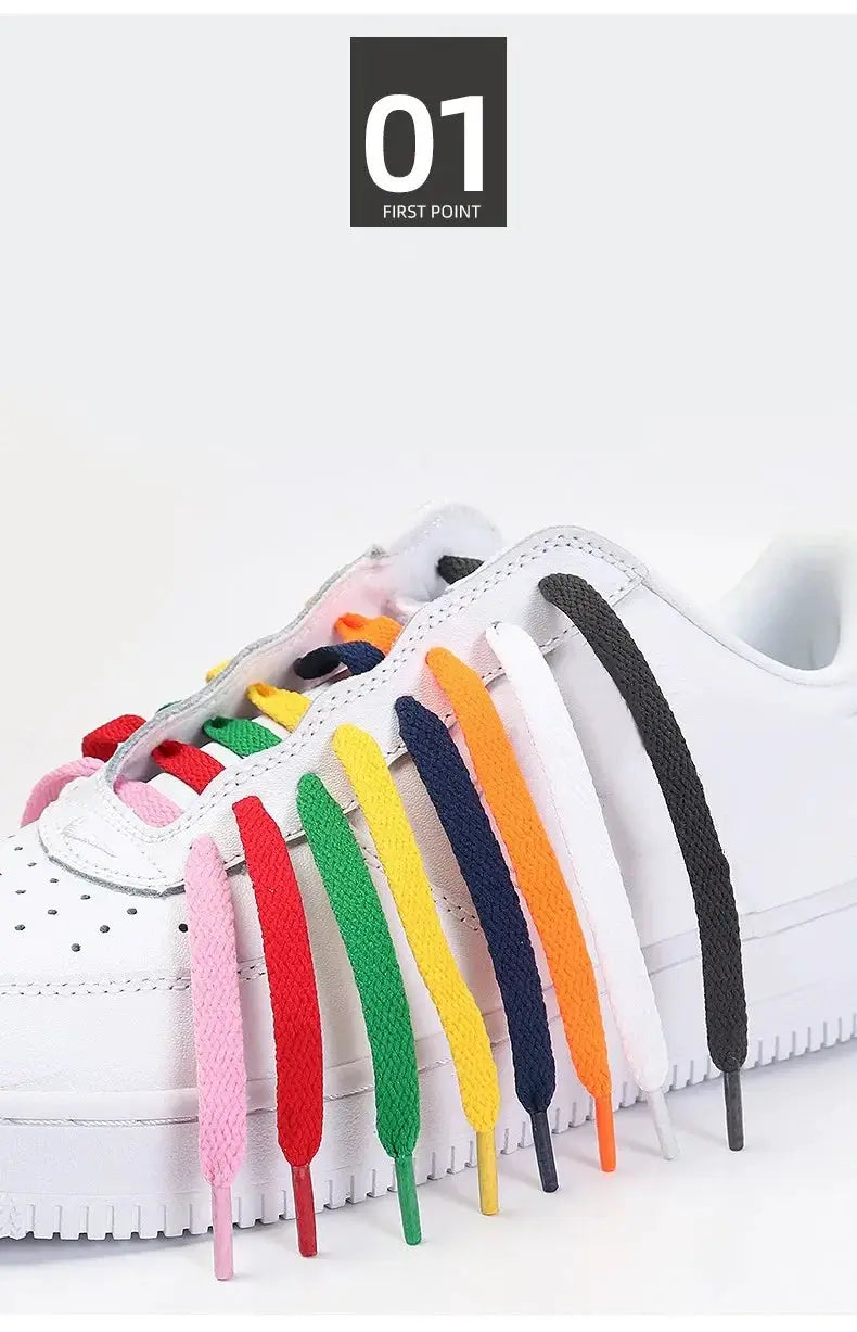 Flat shoelaces set in 8 colors for sneakers, shown on a white casual sneaker.