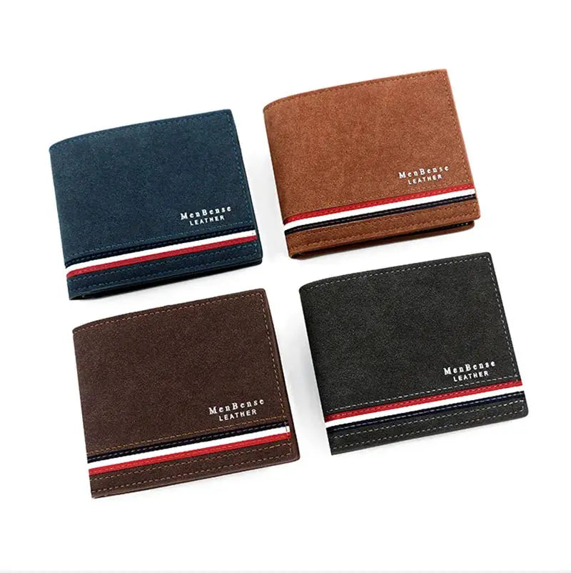 4-pack Simples Market PU leather short wallets with zipper coin pockets and stripe accents in blue, brown, tan and black