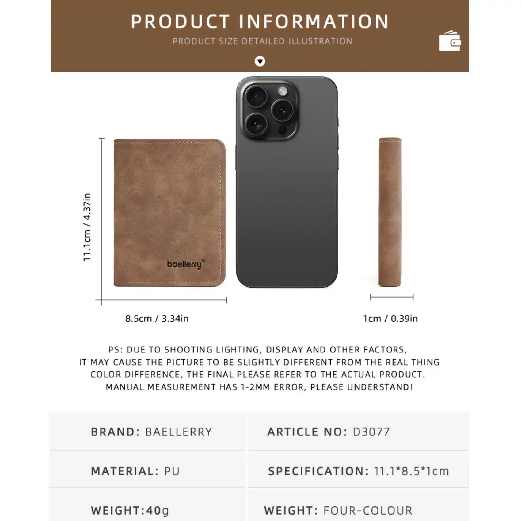 Thin sanded leather multi-card bifold wallet with driver’s license slots; Baellerry brand, 11.1×8.5×1 cm