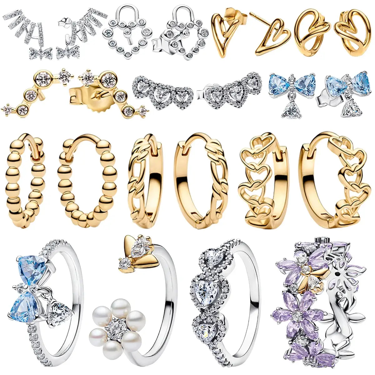 Women's jewelry set in gold-tone and silver with butterfly, heart, bow designs; includes earrings.