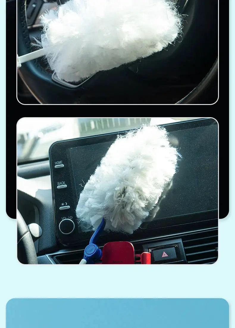 Extended pole dust collector with white disposable fiber cloth for car dashboard cleaning