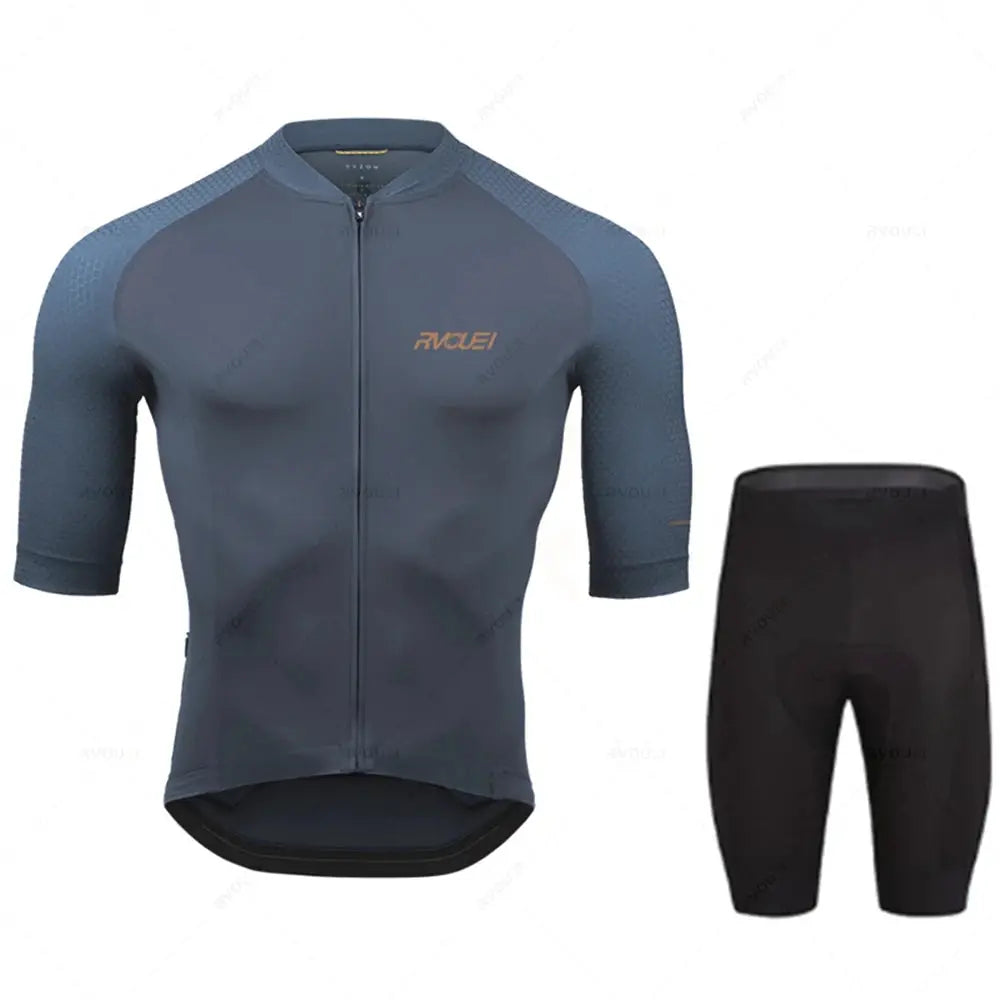 Rvouei 2-piece Pro Team cycling jersey set; blue-gray jersey with black shorts