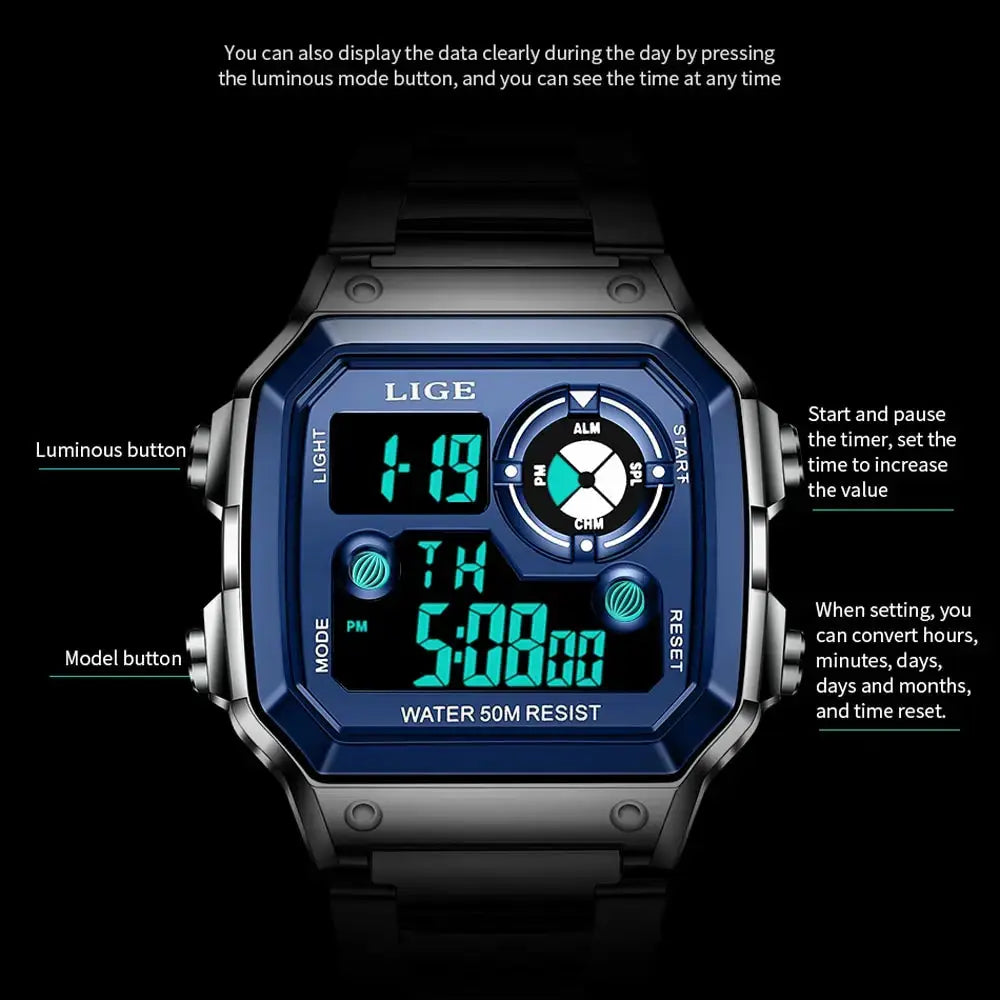 LIGE men's digital sport watch with blue dial, black metal case and strap, 50m water resistant