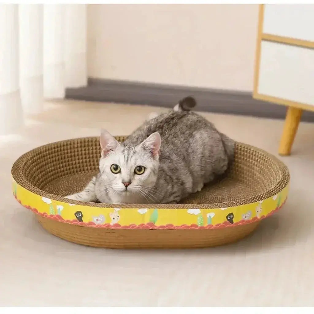 Oval cat scratching board made of corrugated cardboard; gray cat lounging inside with a yellow decorative edge