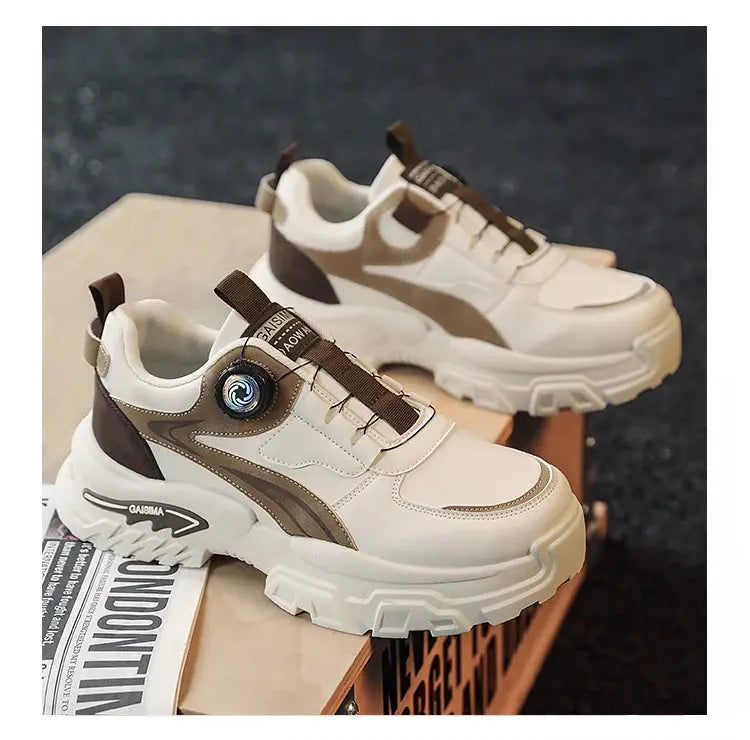 Men's chunky-sole high-top sneakers in beige and brown with GAISMA branding; pair shown