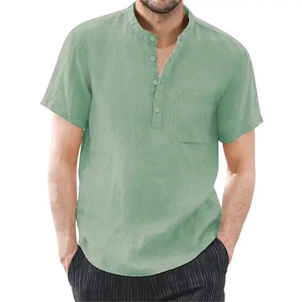 Men's linen-cotton short-sleeve T-shirt in sage green with chest pocket and button placket