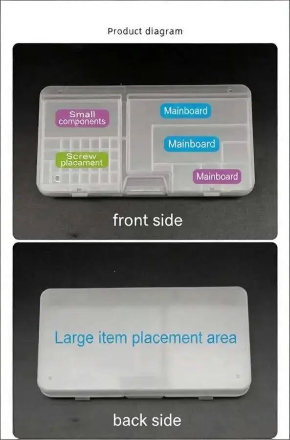 Double-layer clear PVC phone repair storage box with labeled mainboard and screws compartments; large item area.