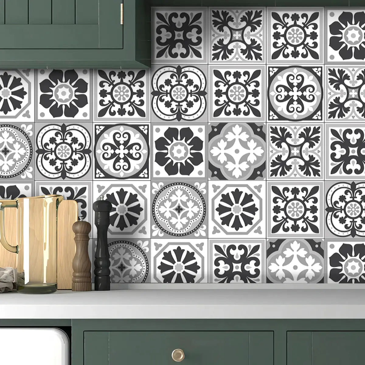 1 roll Mediterranean style PVC kitchen backsplash stickers; moisture-proof, removable, black and gray tile patterns