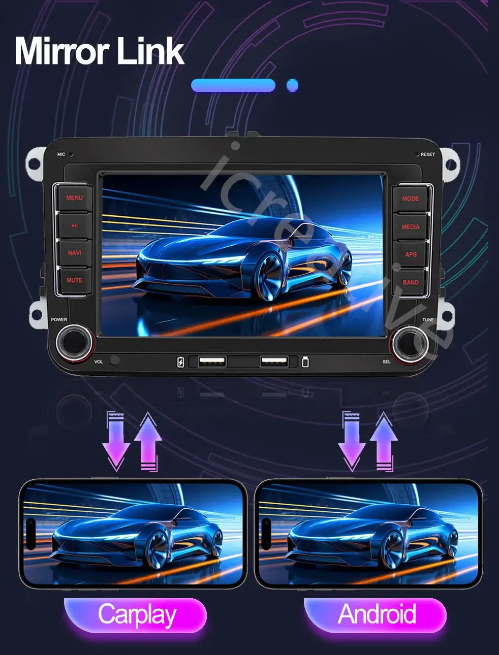 Simples Market 2Din Android car radio head unit; CarPlay/Android, GPS navigation, WiFi; VW/Skoda fit, two smartphones