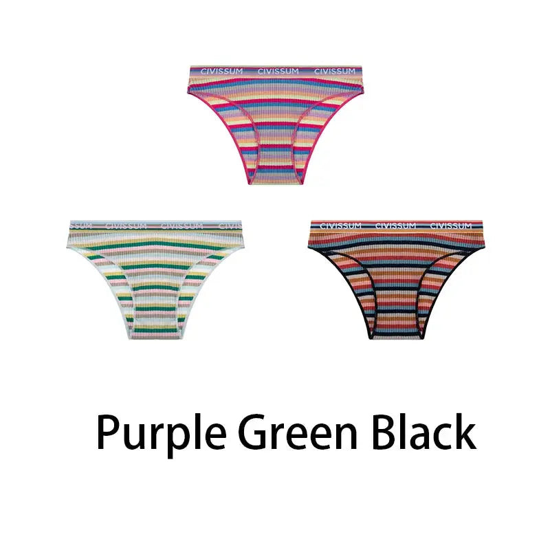 3-pack cotton half-hip panties in rainbow stripe colors (purple, green, black) by Simples Market NK606