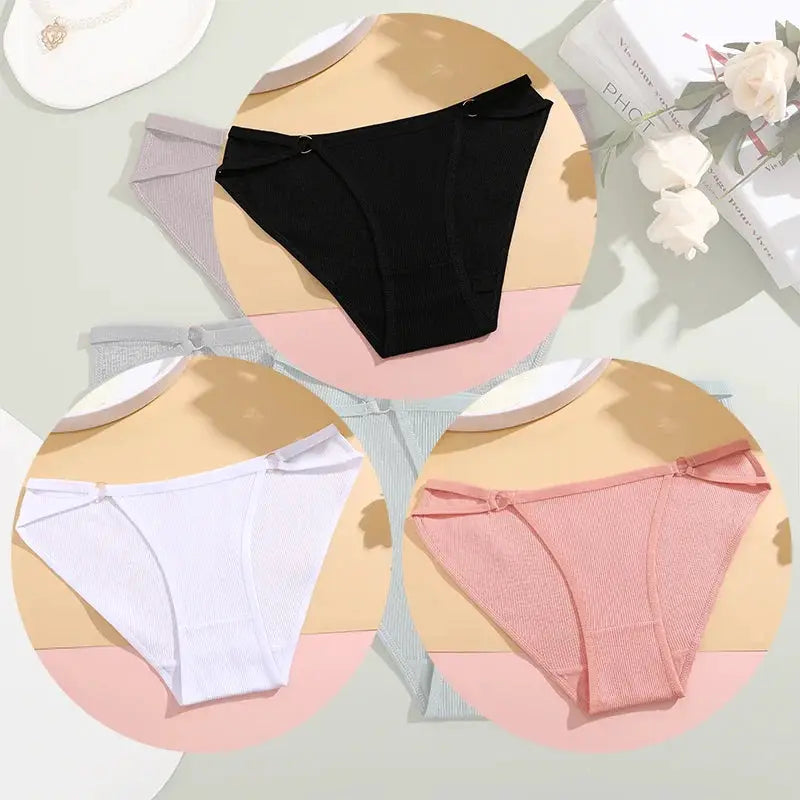 Simples Market 3-piece women's cotton striped bikini briefs in black, white and pink, breathable and comfy