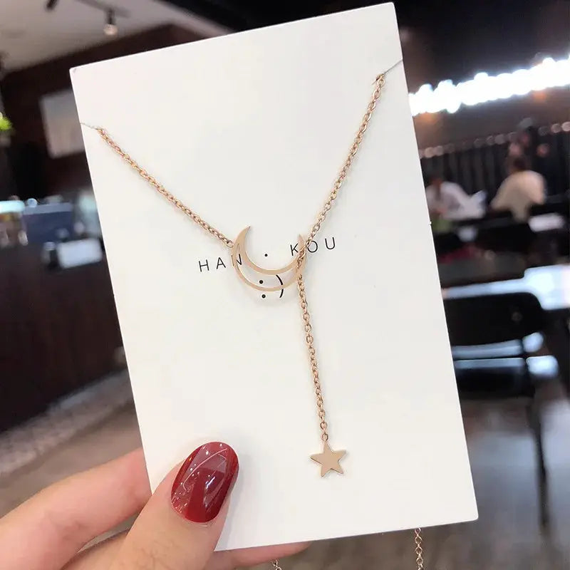 Moon Star Pendant Choker Necklace by Simples Market, gold-tone alloy chain with crescent moon and star drop