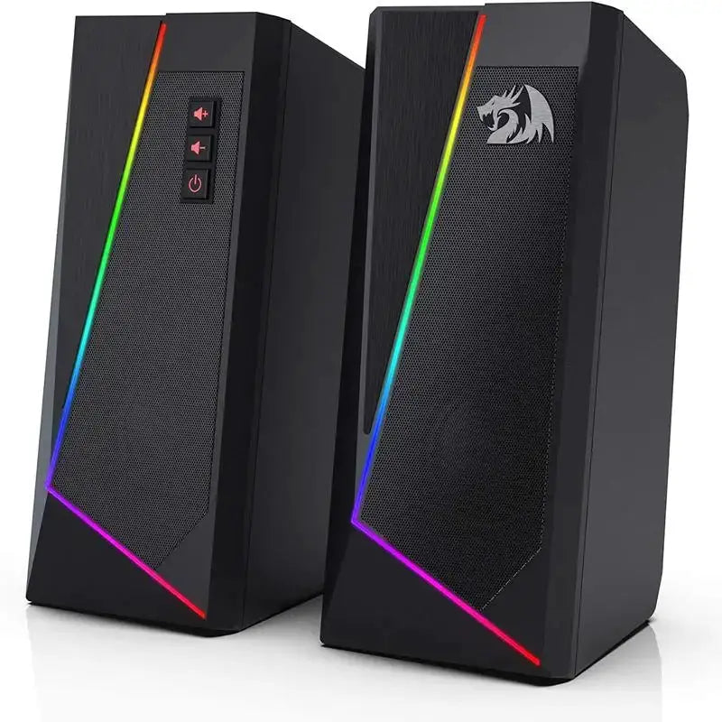 Redragon GS520 RGB desktop speakers, black 2.0 PC stereo with dragon logo and rainbow RGB LED strip