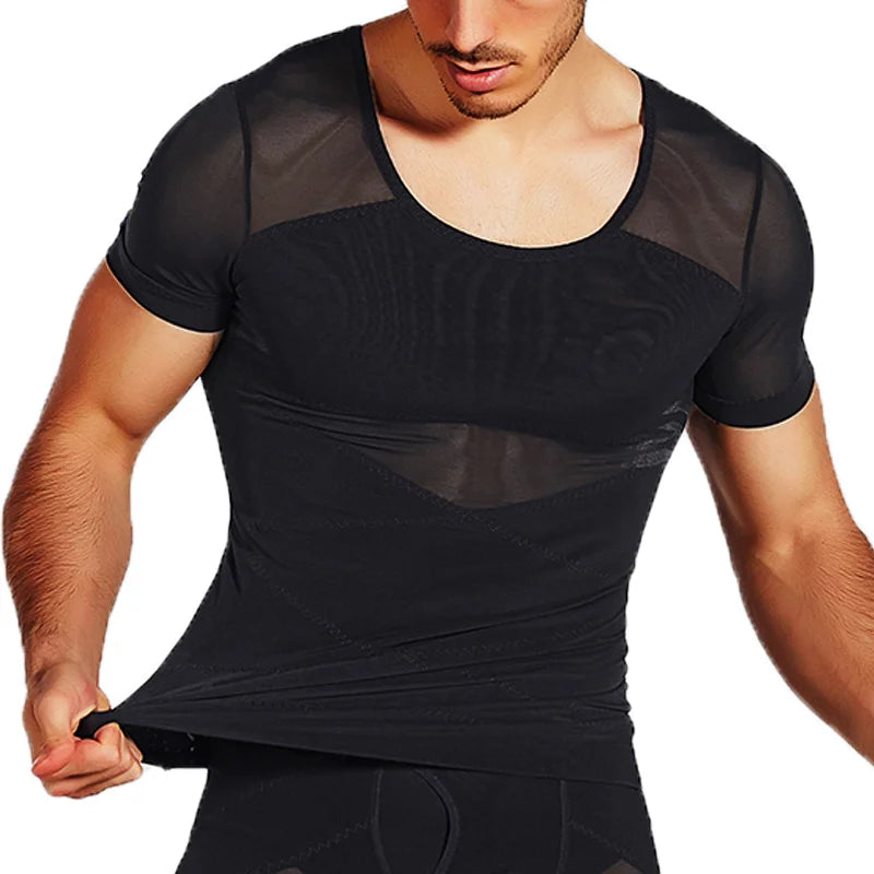 Men's mesh body shaper undershirt, black short-sleeve compression top by Simples Market
