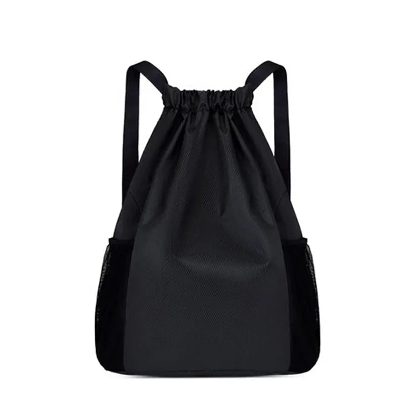 Black drawstring backpack with mesh side pockets, unisex sports style, large capacity