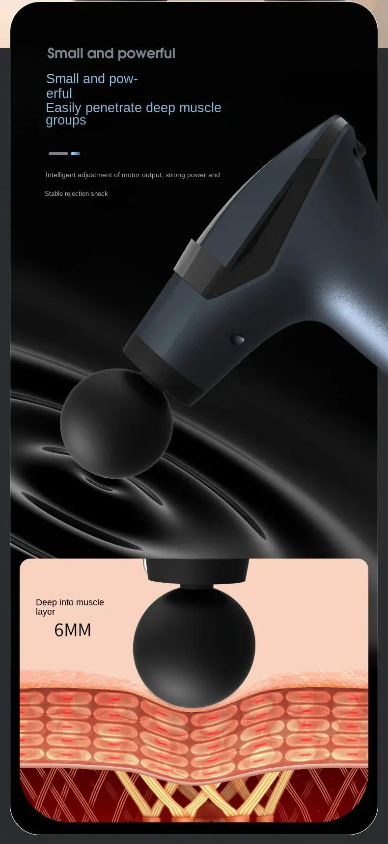 Long-handle electric massage gun in dark blue-gray with a round ball head for deep tissue percussion