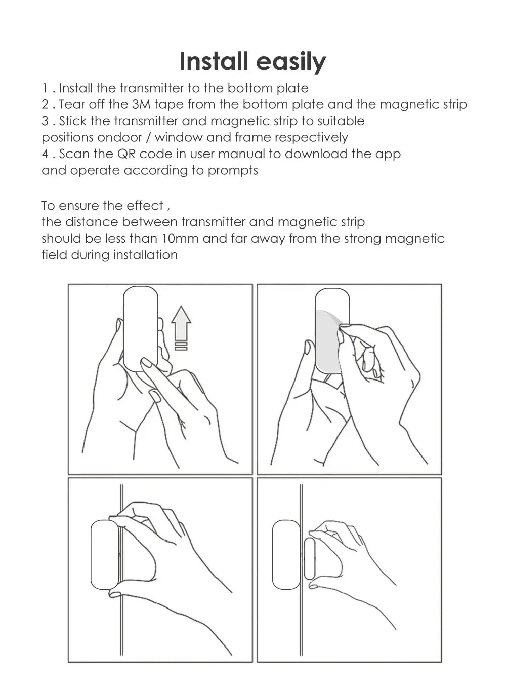 Zigbee door/window sensor by Simples Market installation guide showing transmitter mounting and magnetic strip