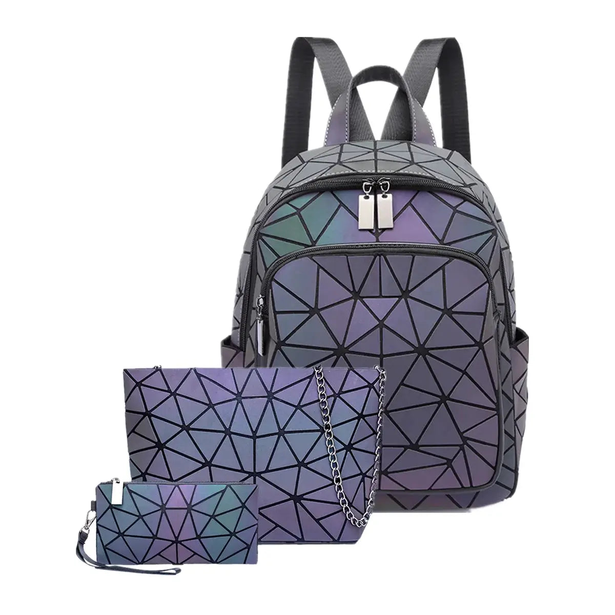 Luminous holographic backpack set with geometric PVC pattern; includes matching wallet and pouch.