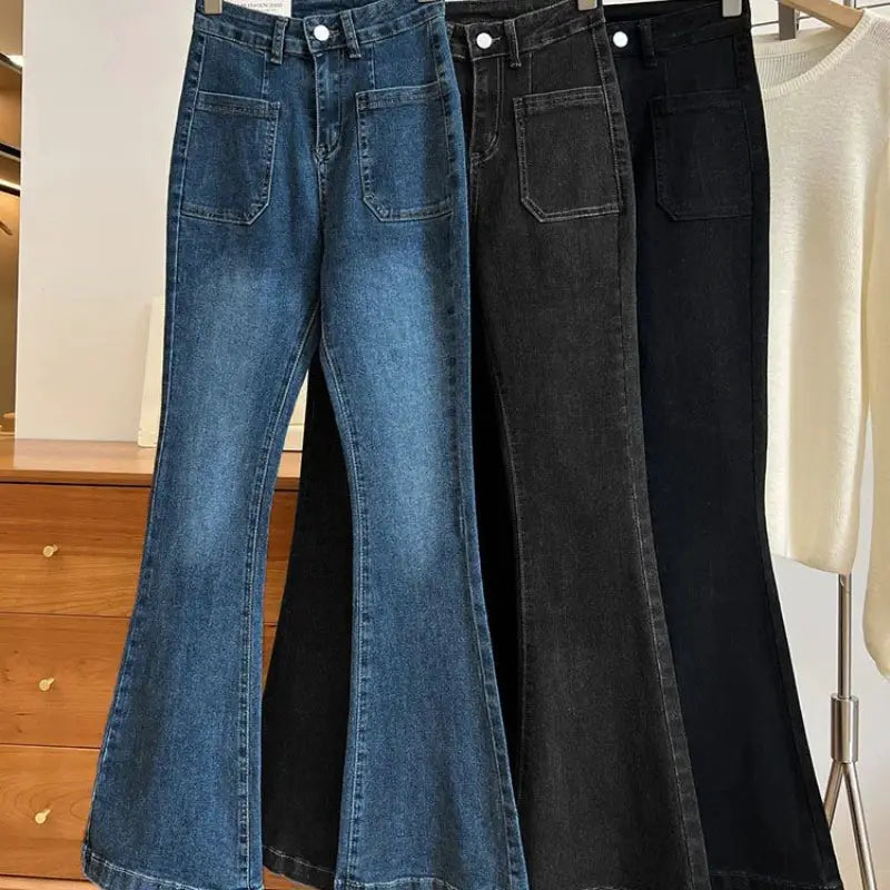 High Waist Loose Jeans Pockets Vintage Washed Denim Flare Trousers